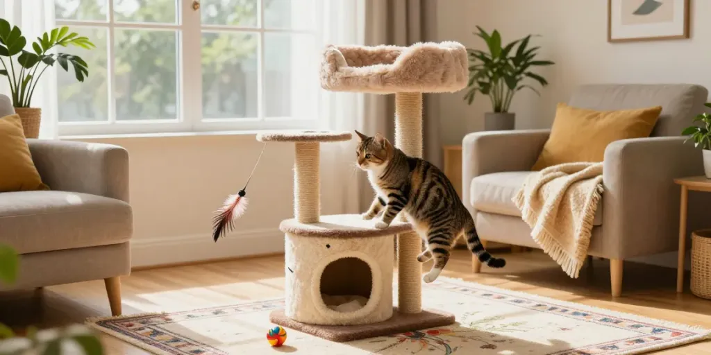 A playful tabby cat climbing a stylish cat tower in a cozy living room, showcasing agility and comfort.