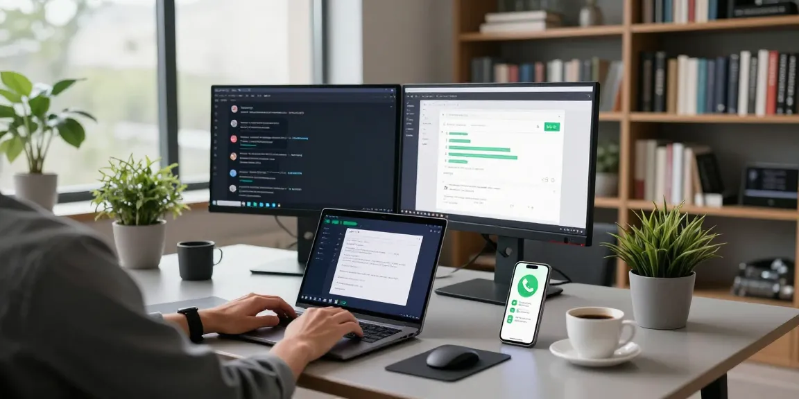 Using WhatsApp網頁版 on a laptop in a modern workspace with multiple tech elements.